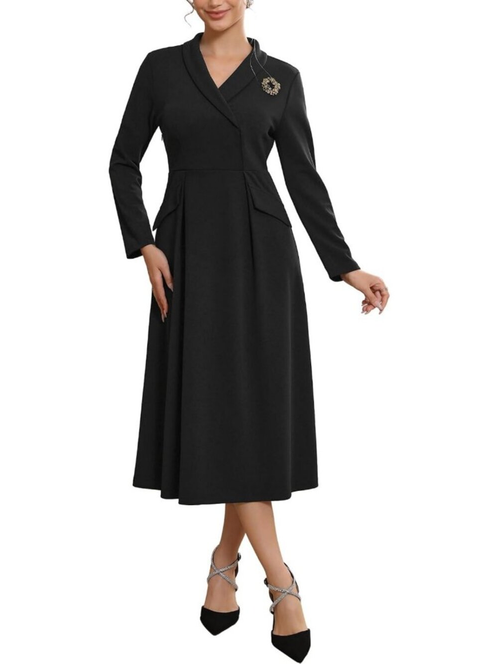 Elegant V Neck Long Sleeve Formal Dress for Women with Brooch - Perfect for